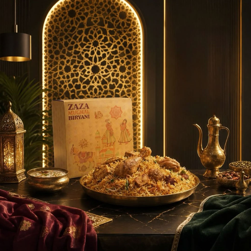 Authentic ZAZA Mughal chicken biryani served in a brass bowl with saffron rice, mint garnish, accompanied by raita and spices